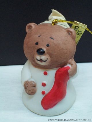Vintage Red Christmas Stocking Bear Bell Bisque Porcelain Cloth Nightcap Jasco