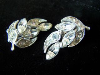 Vintage Bogoff Signed Silver & Rhinestone Crystal Clip On Earrings Leaf Design
