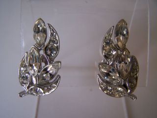 Vintage BOGOFF Signed Silver & Rhinestone Crystal Clip On Earrings Leaf Design 2