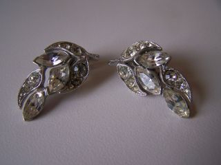 Vintage BOGOFF Signed Silver & Rhinestone Crystal Clip On Earrings Leaf Design 3