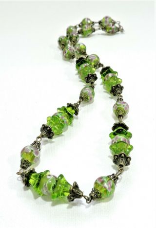 Vintage Green With Pink Flowers Lampwork Art Glass Bead Necklace No19176