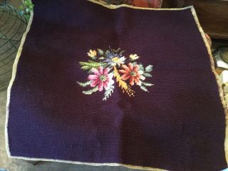 Antique Vintage Wool Needlepoint Seat/chair/pillow Cover Aubergine Floral Garden