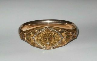Antique Victorian Pc Co Lion Head Gold Filled Bangle Bracelet W/ Face Gems