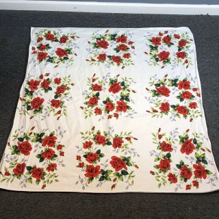 Vintage 50s White Red Green Rose Floral Print Square Tablecloth 48 " X 45 " 1950s