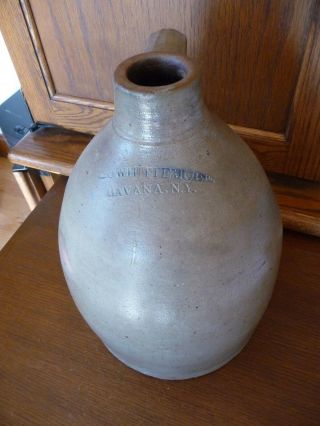 Incredible A O Whittemore Stoneware Fluid Jug - C1870 - Salt Glaze,  Havana,  Ny
