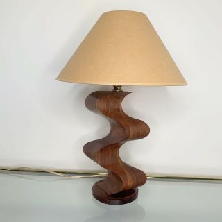 Vintage Mid Century Modern Wooden Curved Lamp With Shade Organic Wavy