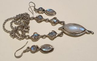 Vintage 925 Solid Sterling Silver Moonstone Necklace And Earrings Jewellery Set