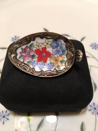 Gorgeous Rare Antique Sterling Silver Hand Painted Floral Brooch
