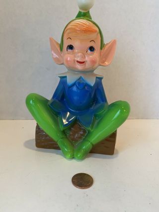Vintage Elf On A Log.  Ceramic.  Blue And Green.  Japan.  Cute 6 Inches.
