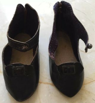 Antique French Black Leather Doll Shoes With Metal Buckles Size 10 On Sole