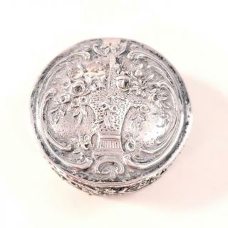 Antique German.  800 Fine Silver Snuff Box Basket Of Flowers Pill Box