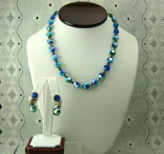 Vintage Hobe Blue Green Ab Crystal Earring And Adjustable 18.  5 " Necklace Set