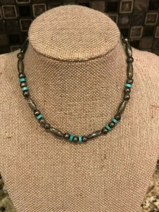 Vintage Southwestern Sterling Silver Turquoise Beaded Choker Necklace - 13 " Long