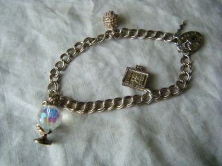 Vintage Sterling Silver Charm Bracelet With 3 Charms & Heart Padlock