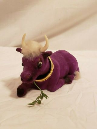 Vintage Flocked Purple Bull Cow Bobble Head,  7 Inches Long,  Grass Chewing
