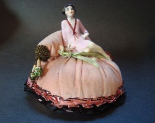 Antique Porcelain Full Figure Flapper Half Doll Pincushion