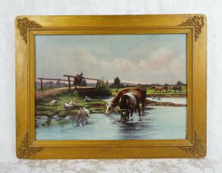 Antique 1903 Ullman Mfg Co Lithograph Print Pastoral Cow Children Fishing