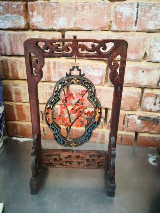 Antique Vintage Chinese Wooden Carved Stand With Glass Flower Hanging Pendant