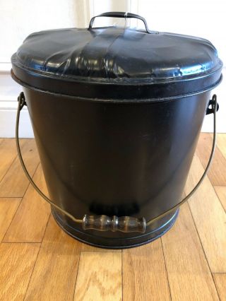 Vintage Metal Black Trash Can Garbage Pail 5 Gallon 13 " With Lid