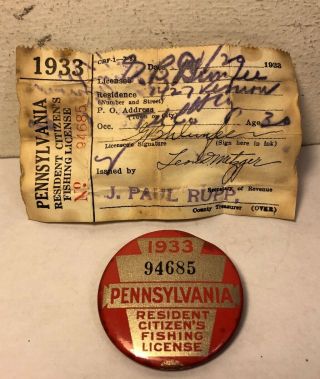 1933 Pennsylvania Resident Fishing License Button W Paper