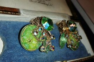 Vintage Green Crystal Glass Paste Clip On Earrings Pat Pend