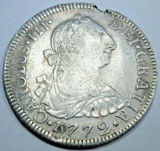 1772 Inverted Fm Spanish Mexico Silver 2 Reales Antique Colonial Two Bits Coin