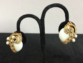 Rare Vintage 1 " Signed Miriam Haskell Gold Tone & Milk Glass Earrings