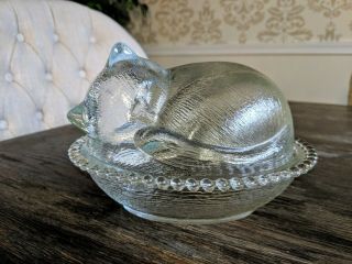 Vintage Clear Indiana Glass Cat Kitty On Nest Covered Trinket / Candy Dish