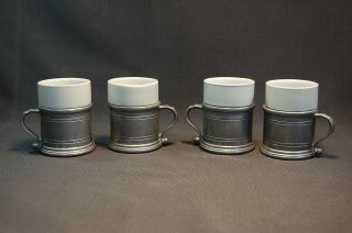 Vintage Wilton Pewter Tavern Mugs W/porcelain Inserts 4pc Usa 1972 Rwp