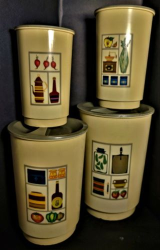 Vintage Mid - Century Avocado Hard Plastic Canister Set Of 4 With Design On Each