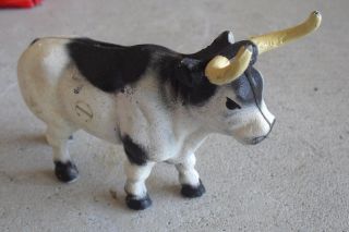 Vintage 1960s Cast Iron Longhorn Bull Cattle Penny Bank Look