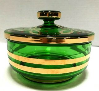 Vintage Mid Century Modern Green Glass Gold Striped Jar Candy Dish