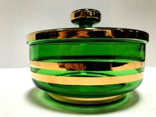 Vintage Mid Century Modern Green Glass Gold Striped Jar Candy Dish 2