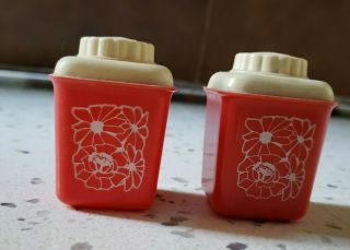 Vintage Lustro - Ware Red White Flowers Salt Pepper Shakers Dispensers Retro