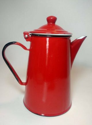 Vintage Poland Enamelware Enamel Coffee Pot Fire Engine Red Ex,  9 1/2 "