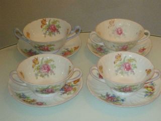 4 Stunning Vintage Shelley Porcelain Twin Handled Bowls & Saucers