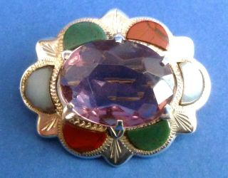 A Vintage Sterling Silver Scottish Brooch Set With An Amethyst & Agate Stones