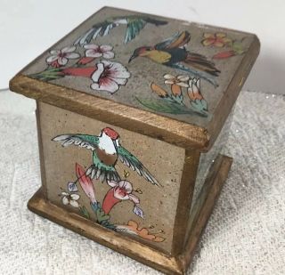 Vintage Robert M Weiss Trinket Box Reverse Painted Glass Hummingbird Wooden