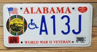 Alabama World War Ii Veteran 2005 Handicap License Plate / Tag - A13j Embossed