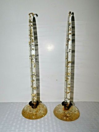 Vtg Mcm Lucite Acrylic Taper Candles And Holders Gold Fleck Confetti