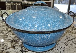 Blue Enamelware Bread Dough Rise Bowl Pan Tin Graniteware Vtg Primitive Antique