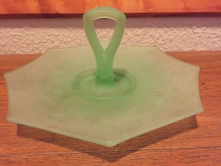 Vintage Frosted Green Depression Glass Serving Plate With Handle