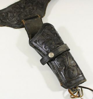 Vintage Western Tooled Black Leather Gun Holster and Buscadero Belt Rig Mexico 2