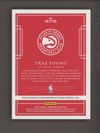 2018 - 19 Impeccable Trae Young Hawks Rookie RC AUTO /25 2