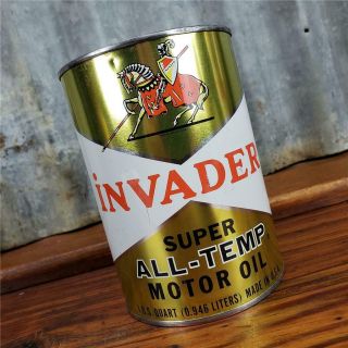 Vintage Nos Empty Invader White & Gold 1 Quart Motor Oil Can Metal Philly,  Pa