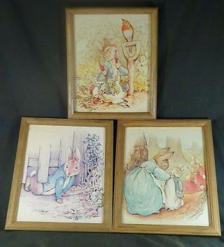 Vintage 3 Framed Pictures Tale Of Peter Rabbit/benjamin Bunny By Beatrix Potter