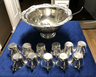 Vintage 13 Pc Silver Plate Pedestal Punch Bowl,  11 Cups,  Raimond 7 Ladle,  Set
