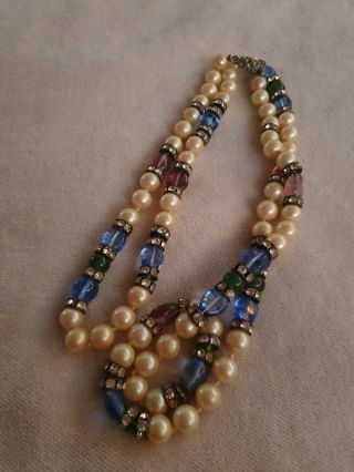 Vintage Long French 1930s Art Deco Pearl And Crystal And Paste Necklace