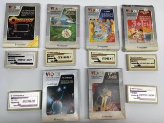 6 Commodore Vic - 20 Cartridges: Omega Race,  Clowns,  Jupiter Lander,  Avenger,  Etc