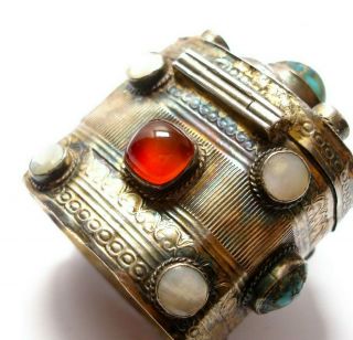 Unusual Antique Silver,  Turquoise And Carnelian Spice Box